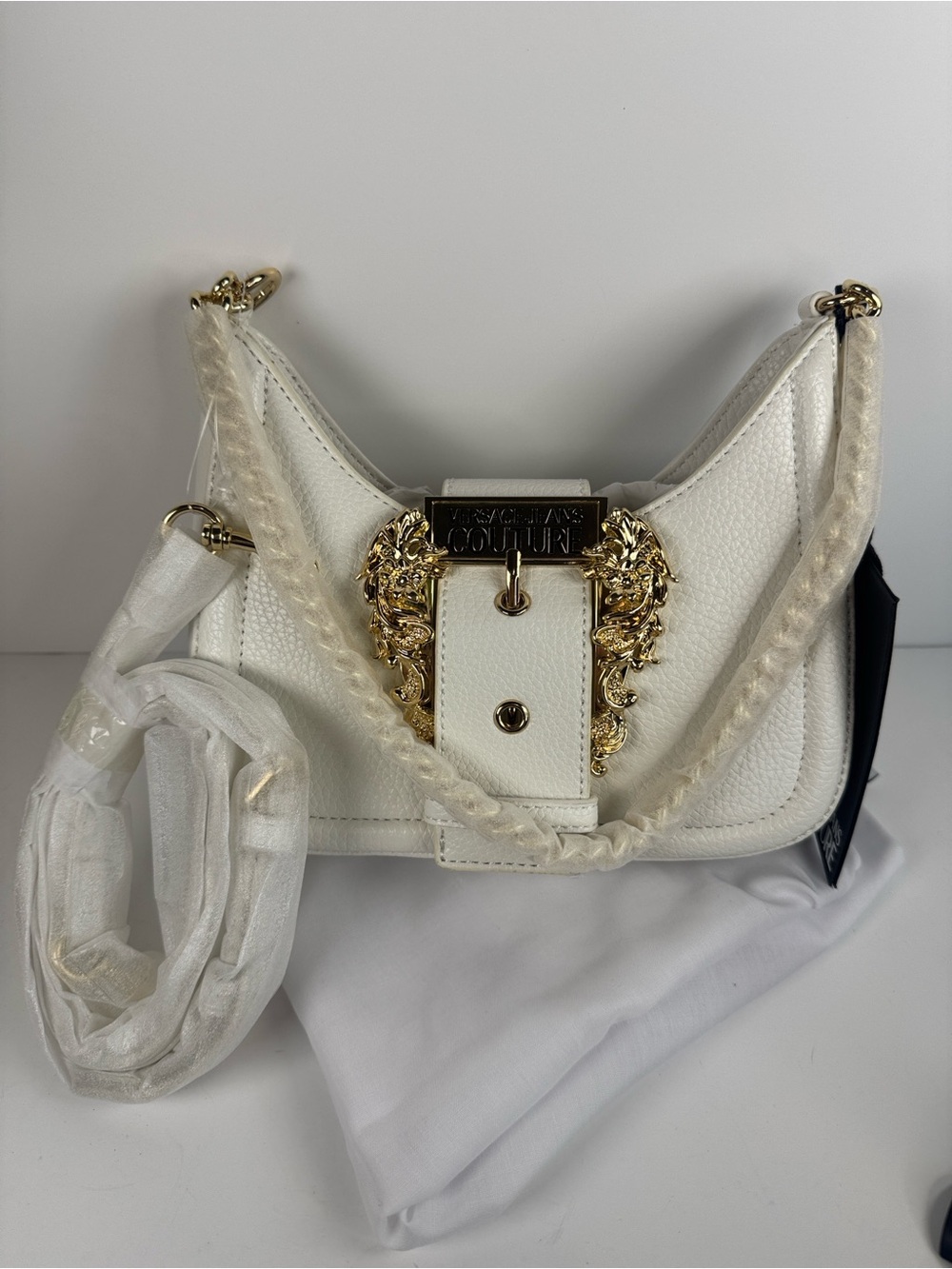 Versace Jeans Collection White Shoulder Bag with Gold Baroque Hardware